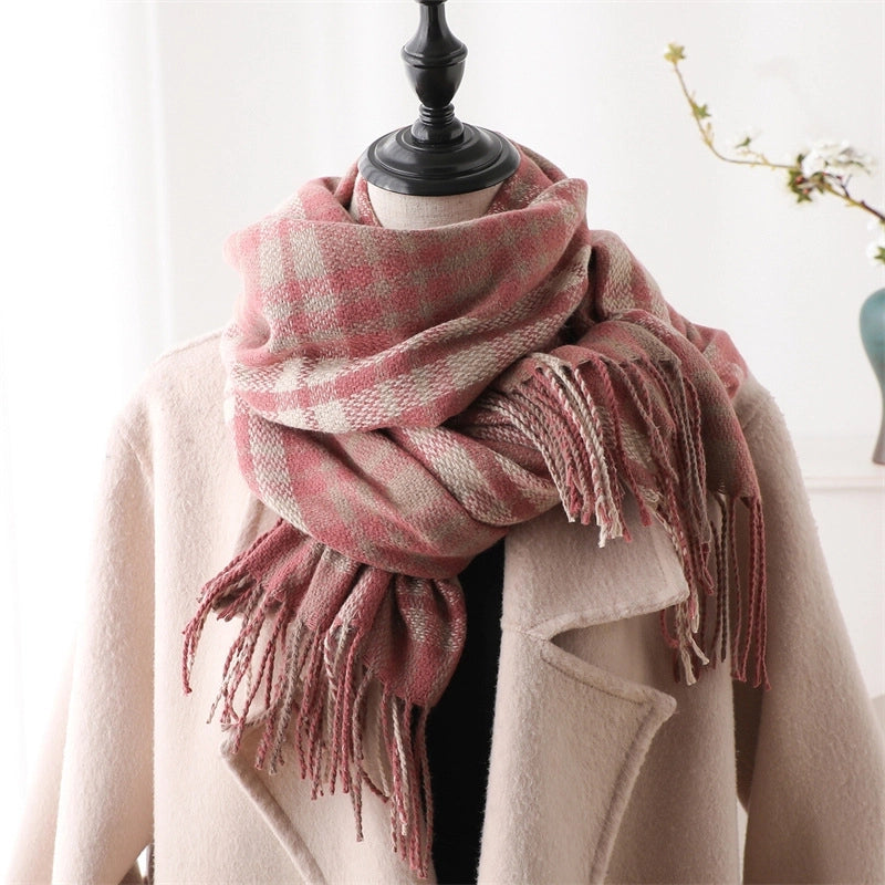 Autumn And Winter Plaid Artificial Cashmere Scarf Stylish Simple And Versatile Warm Scarf Ladies Tassel Shawl