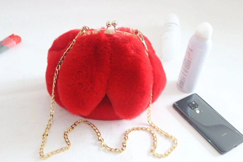 Women's Plush Rabbit Solid Color Cute Round Lock Clasp Handbag Crossbody Bag