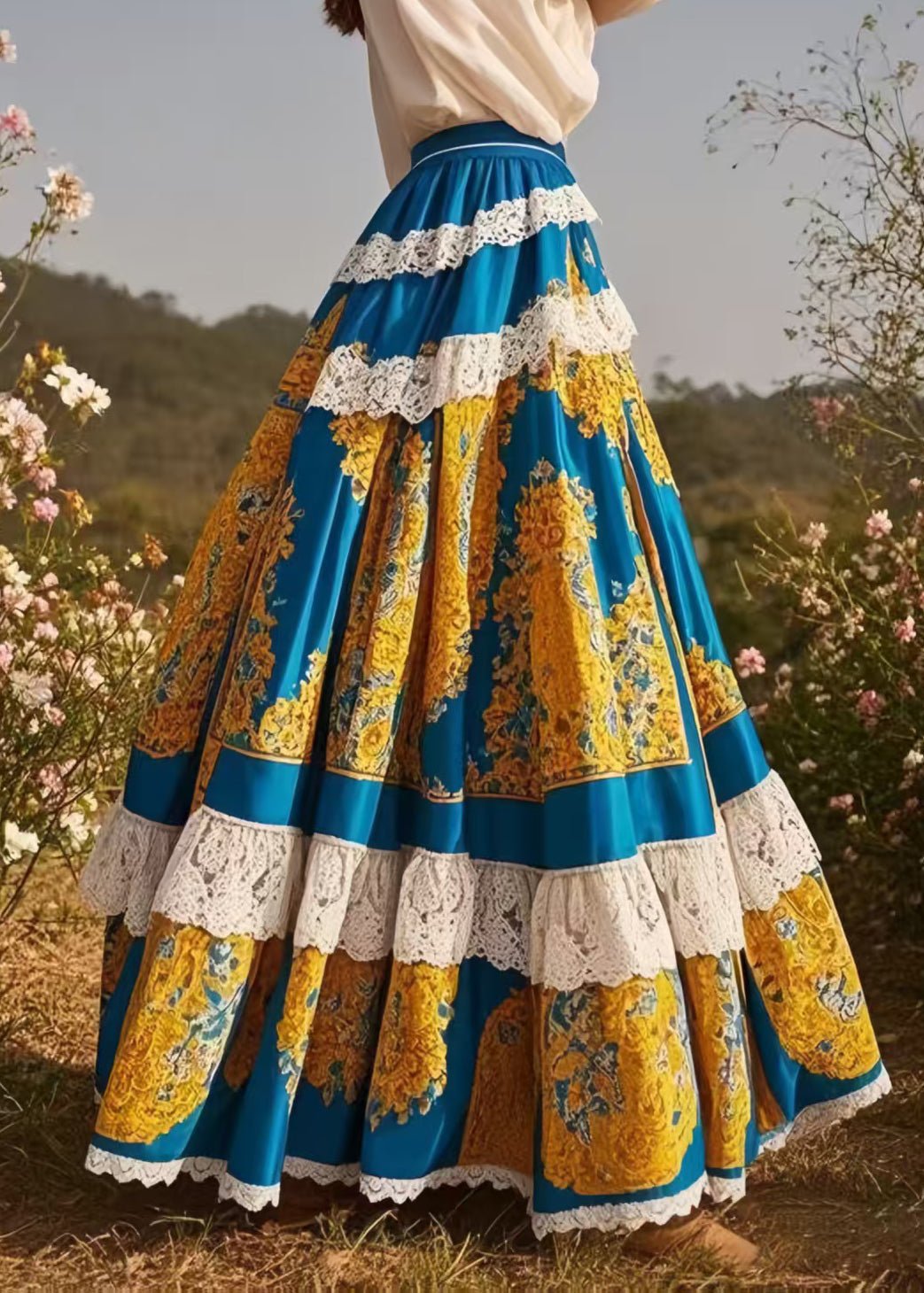 Art Peacock Blue Print Patchwork Lace Exra Large Hem Skirt Spring