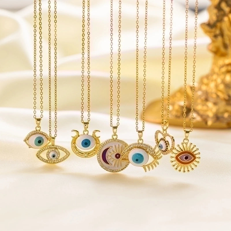304 Stainless Steel 18K Gold Plated Vintage Style Minimalist Inlaid Zircon Eye Artificial Rhinestones Resin Pendant Necklace