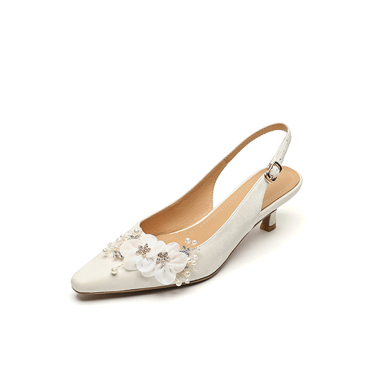 Floral Pointed Toe Slingback Kitten Pumps Elegant Leather Wedding Sandals in Black/Beige