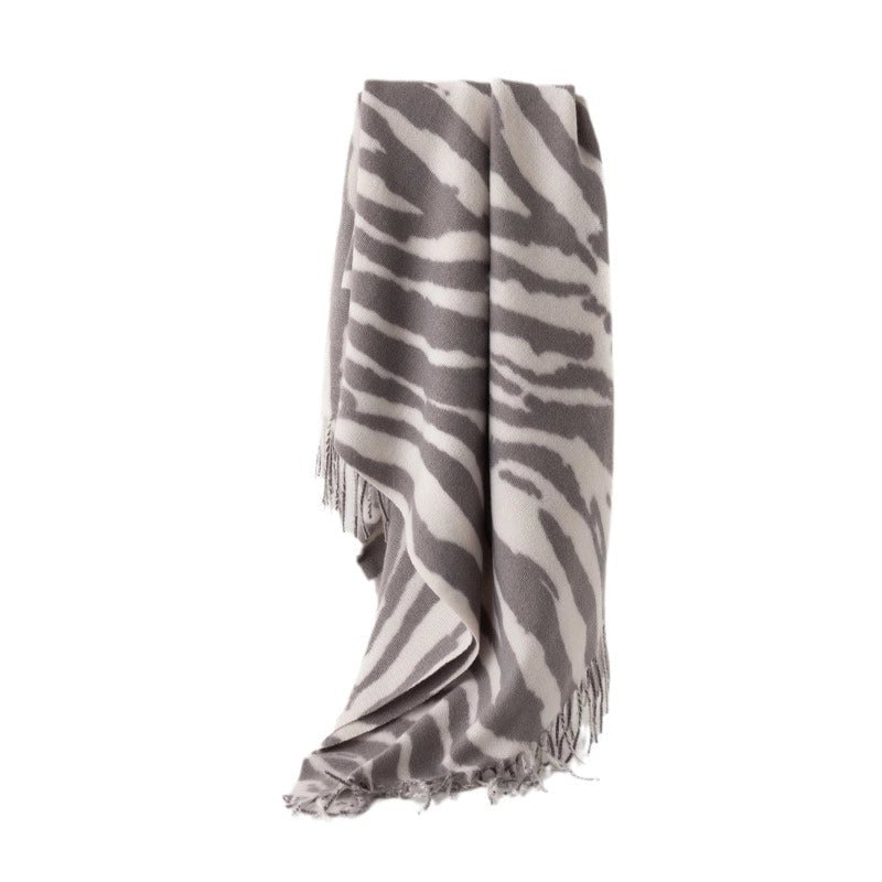 Scarf Women's Winter New Silver Gray Animal Pattern Shawl Dual-use Double-sided Thickened Tassel Warm Scarf