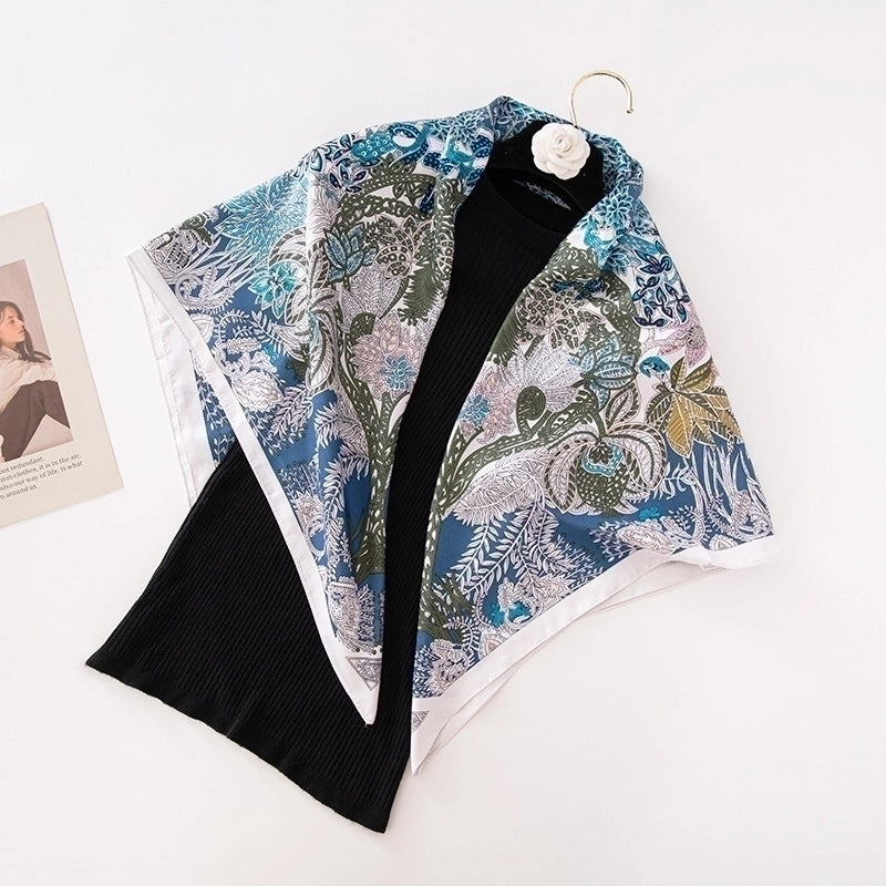 Women's Basic Minimalist Color Block Flower Satin Silk Scarf