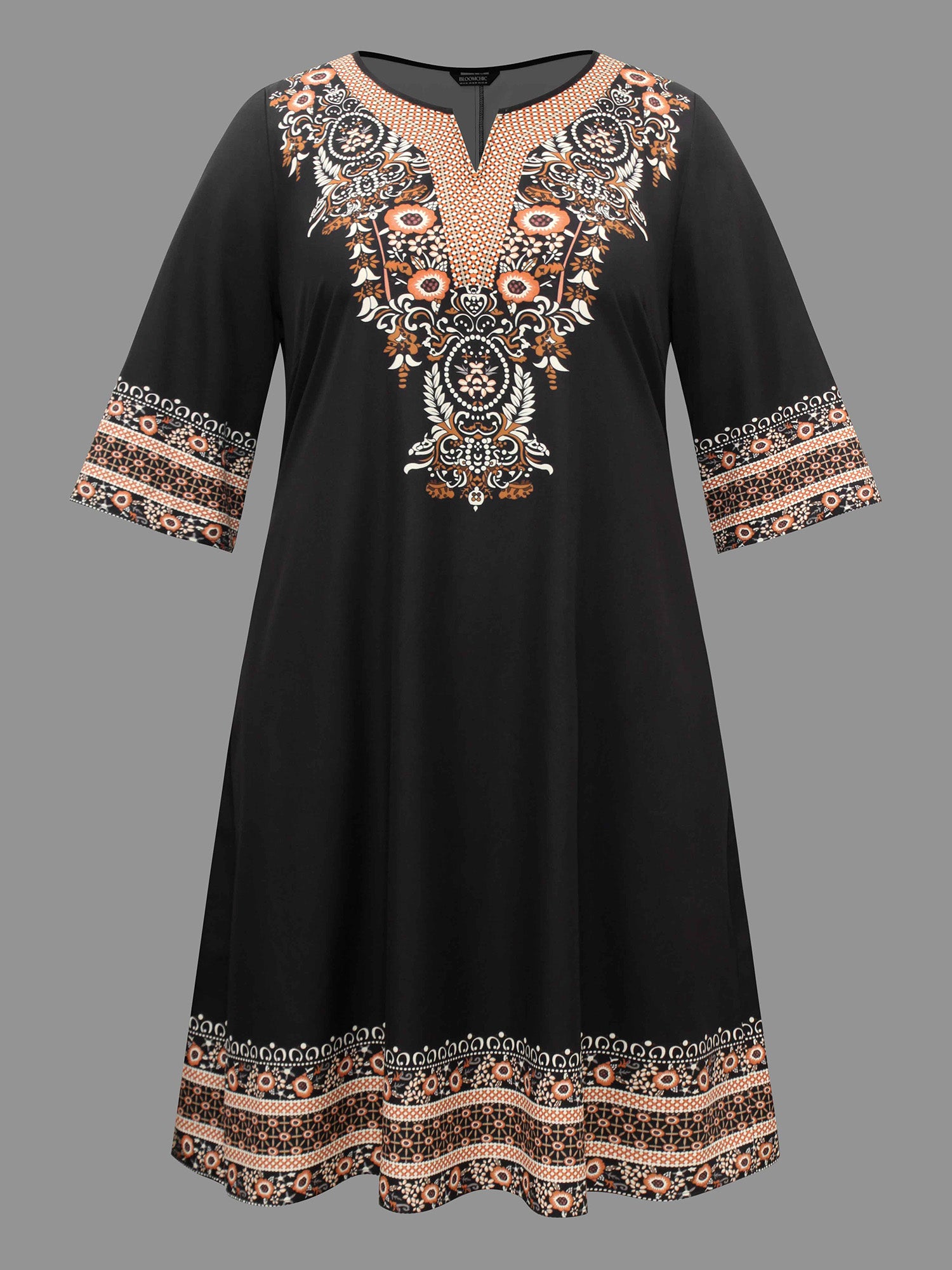 Notched Collar Boho Print Pocket Dress