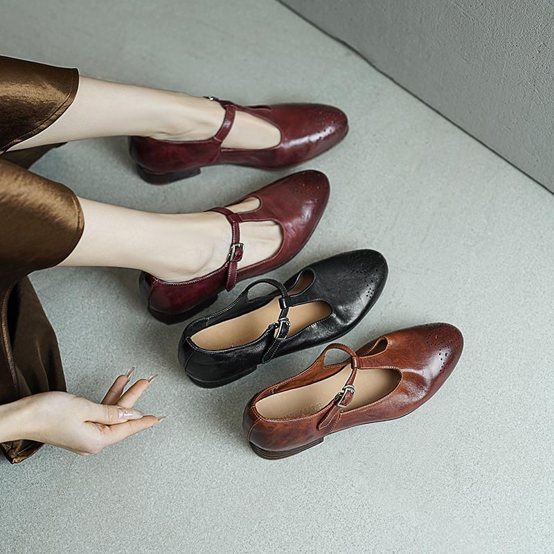 Vintage Washed Horse Leather T-Strap Brogue Mary Jane Shoes in Red/Black/Brown