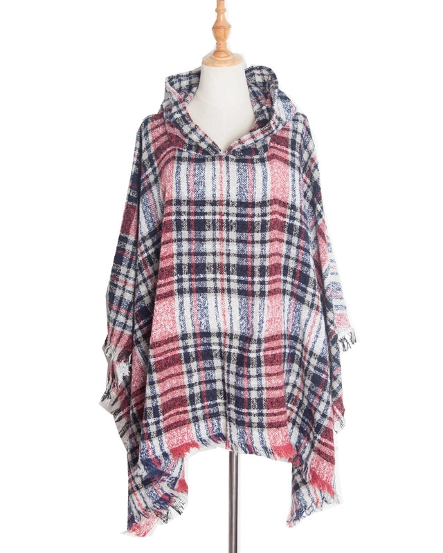 Direct New Cape Europe And The United States Spring And Autumn And Winter New Barbed Wool Pullover Plaid Hat Cape Shawl