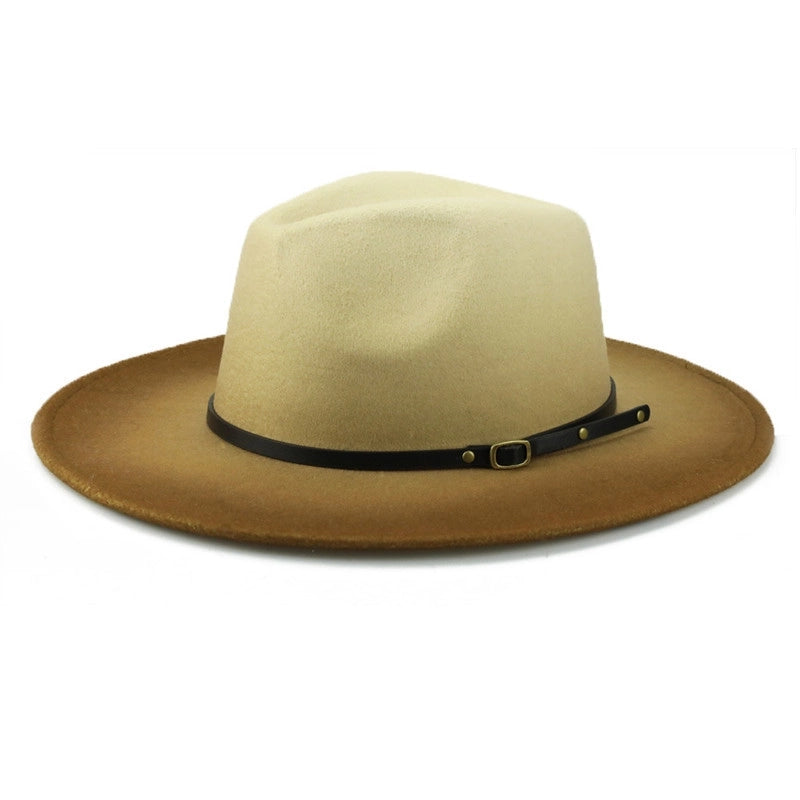 New Fashion Woolen Hat Belt Gradient Color Felt Hat Autumn And Winter Big Brim Men And Women Jazz Hat Two-color British Hat