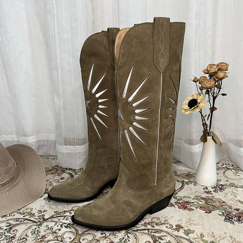 Womens Western Embroidered Boots - Suede Khaki/Black Cowgirl Boots All Genuine Leather