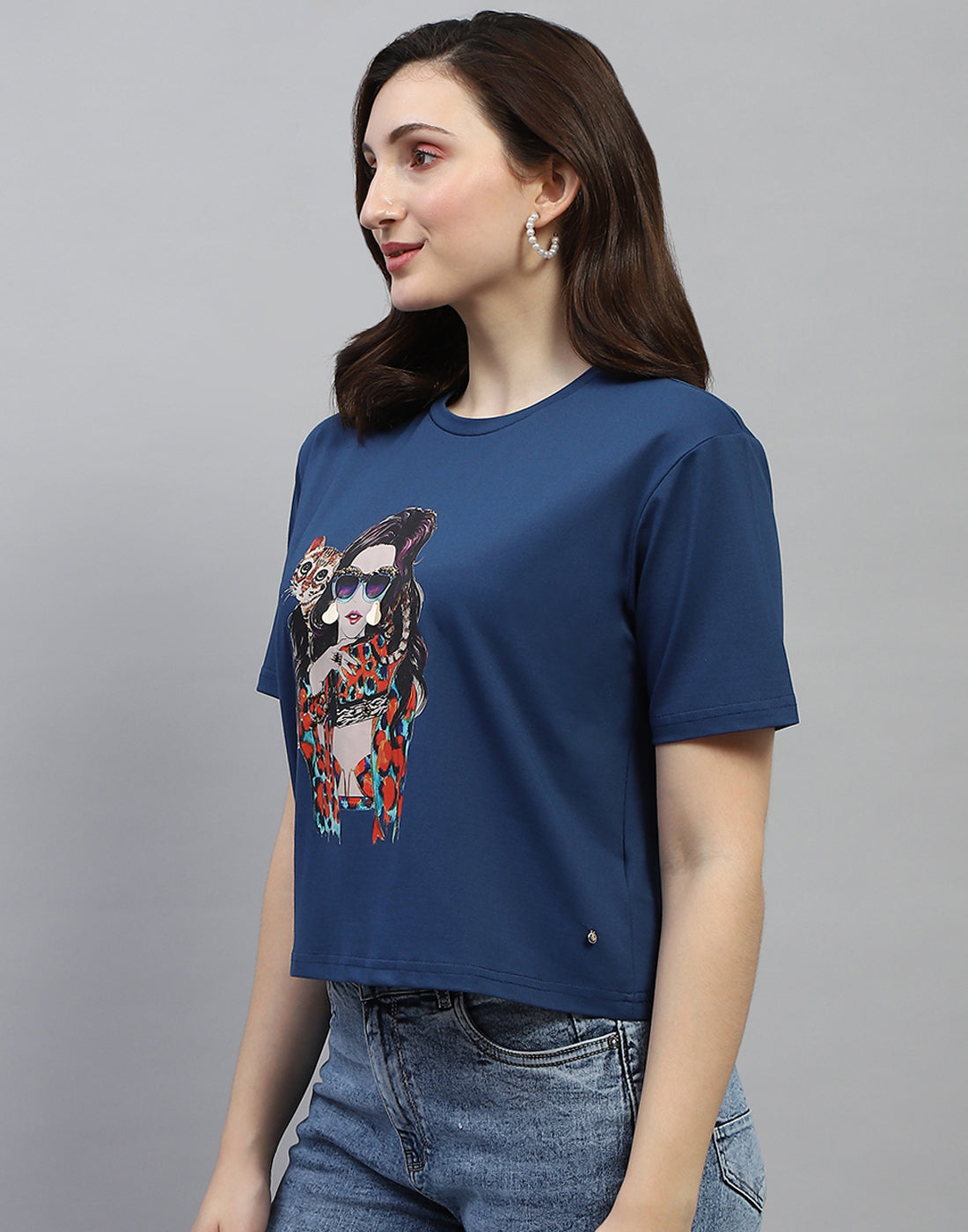 Women Blue Printed Round Neck Half Sleeve Top