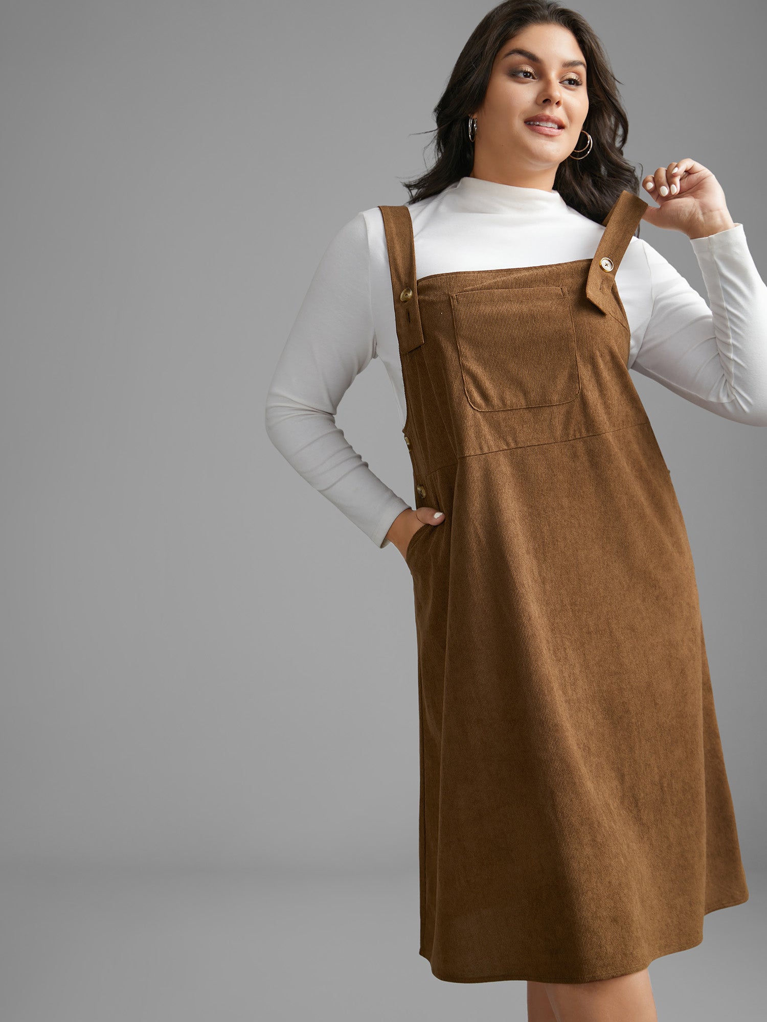 Corduroy Patched Pocket Button Detail Dress