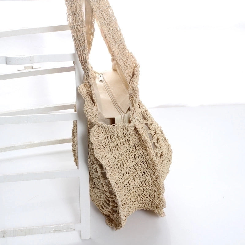 Women's Medium Crafted Paper Rope Solid Color Beach Weave Hollow Round Zipper Straw Bag