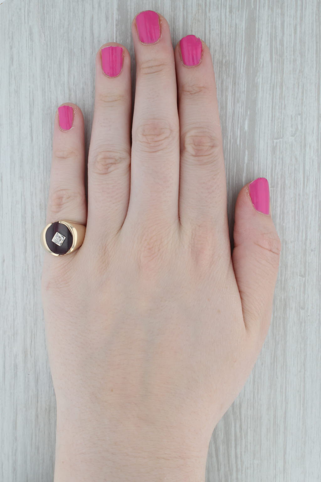 Vintage Lab Created Ruby Diamond Signet Ring 10k Yellow Gold Size 7.5