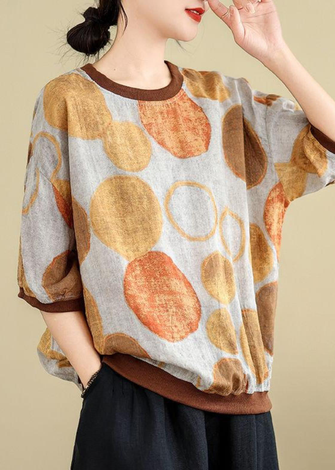 Yellow O-Neck Patchwork T Shirt Fall