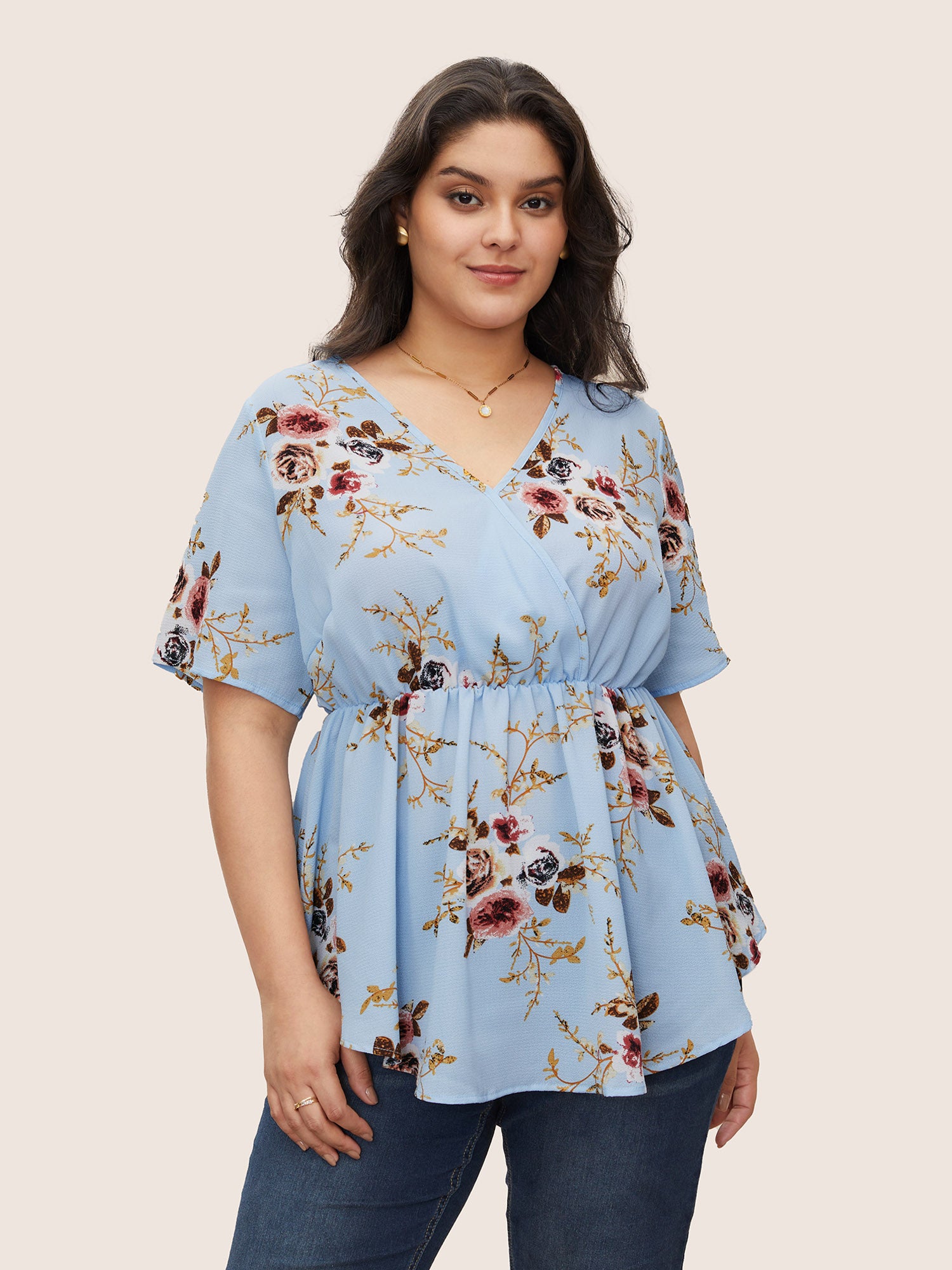 Floral Print Wrap Ruffles Asymmetrical Hem Blouse