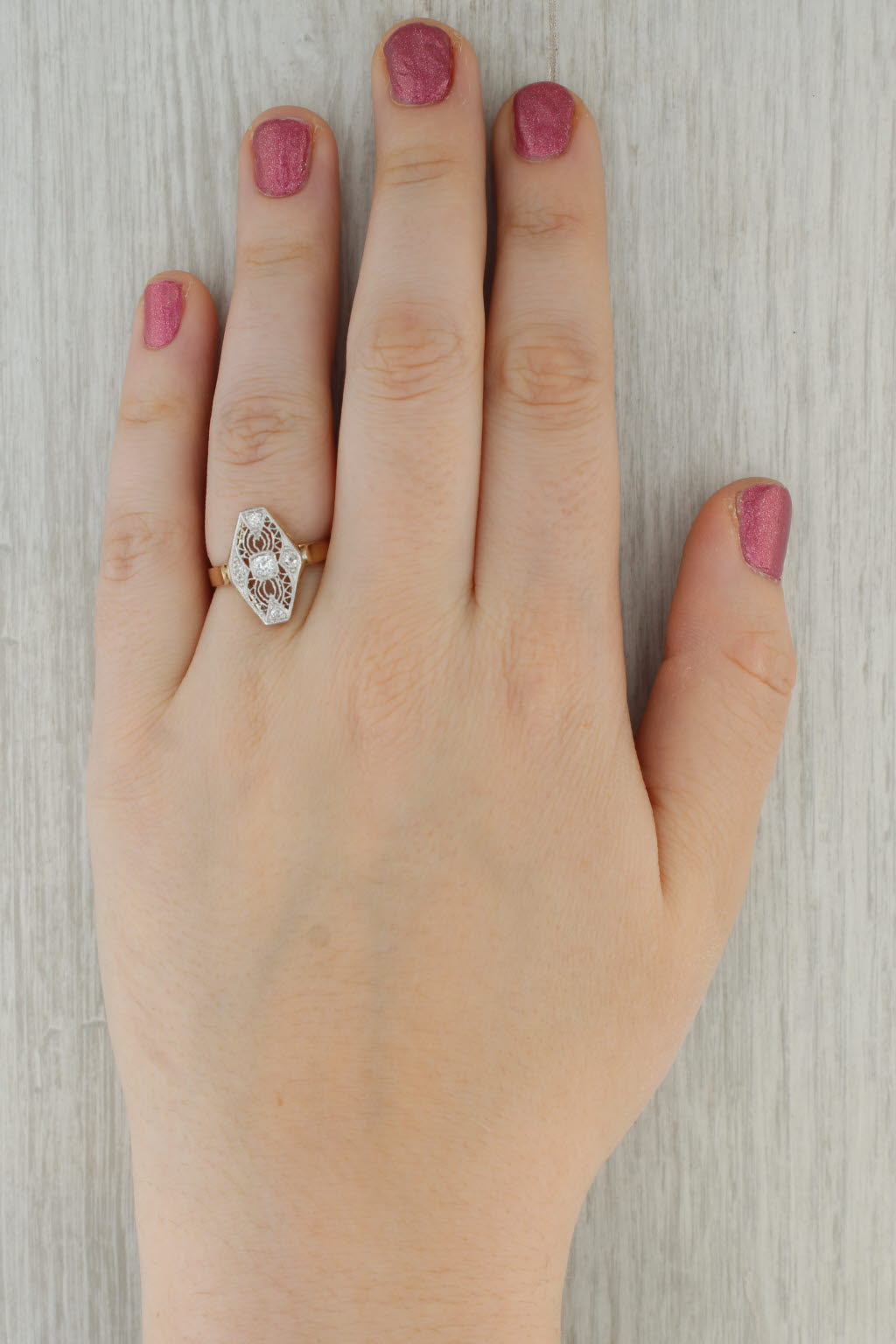 Vintage 0.13ctw Diamond Filigree Ring 14k Yellow Gold Platinum Size 7.75