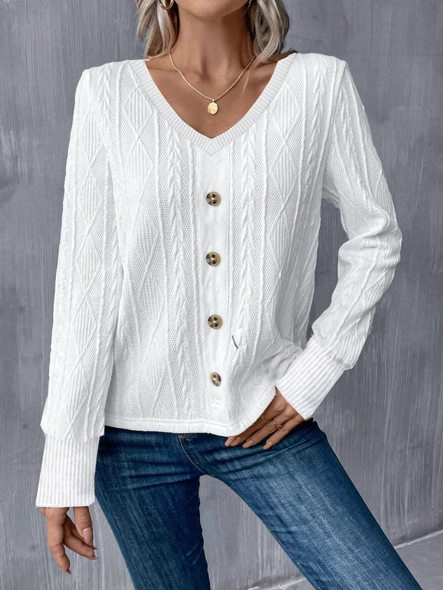 Casual V Neck Plain Sweatshirt Jacquard