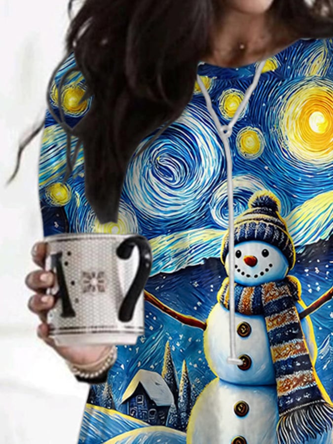 Retro Christmas Starry Night Snowman Let It Snow With Pockets Print Dress