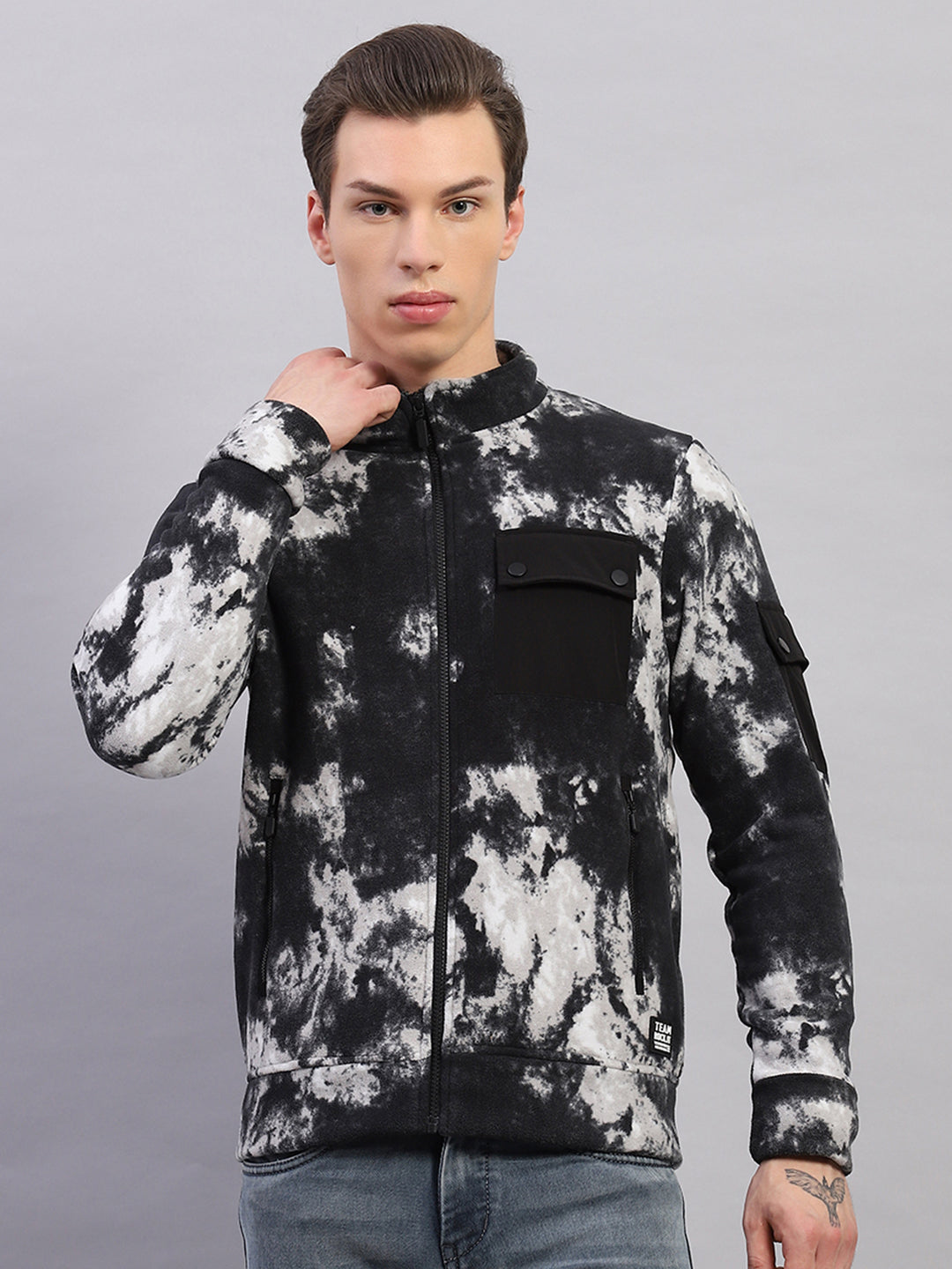 Men Black Printed Mock Neck Full Sleeve Sweatshirt