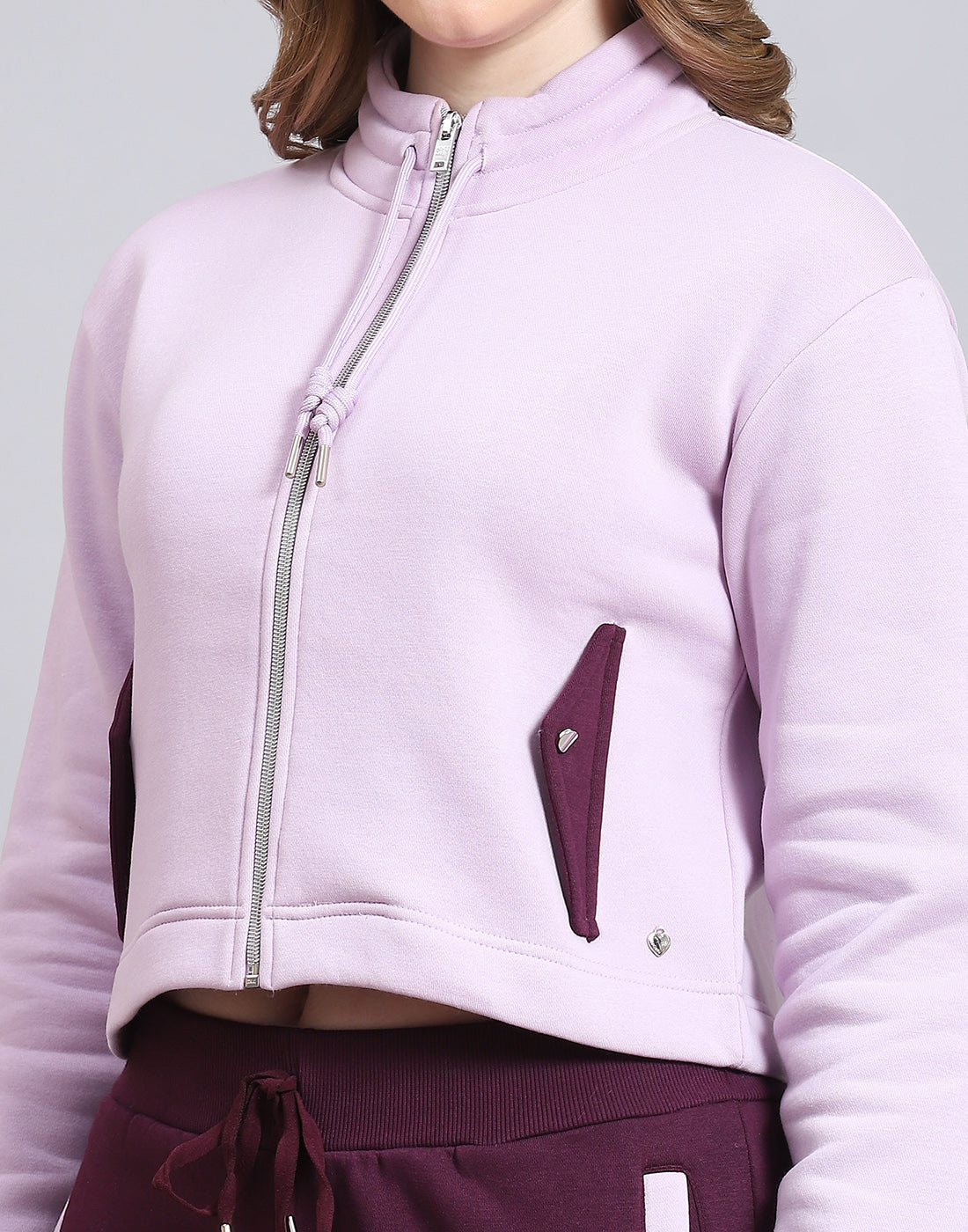 Women Purple Solid Stand Collar Full Sleeve Tracksuit