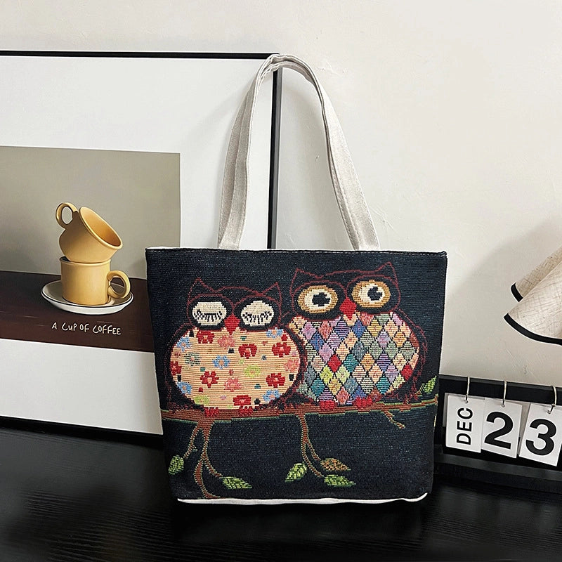 Women's Canvas Owl Classic Style Sewing Thread Square Open Tote Bag