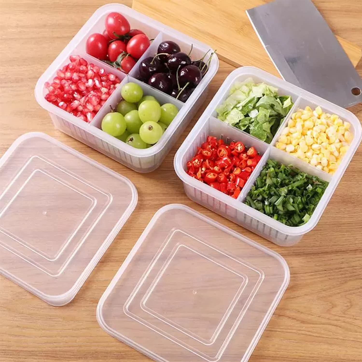 Fridge Food Storage Container With Lid. Airtight Refrigerator Food Box With 4Pcs Detachable Drain Baskets