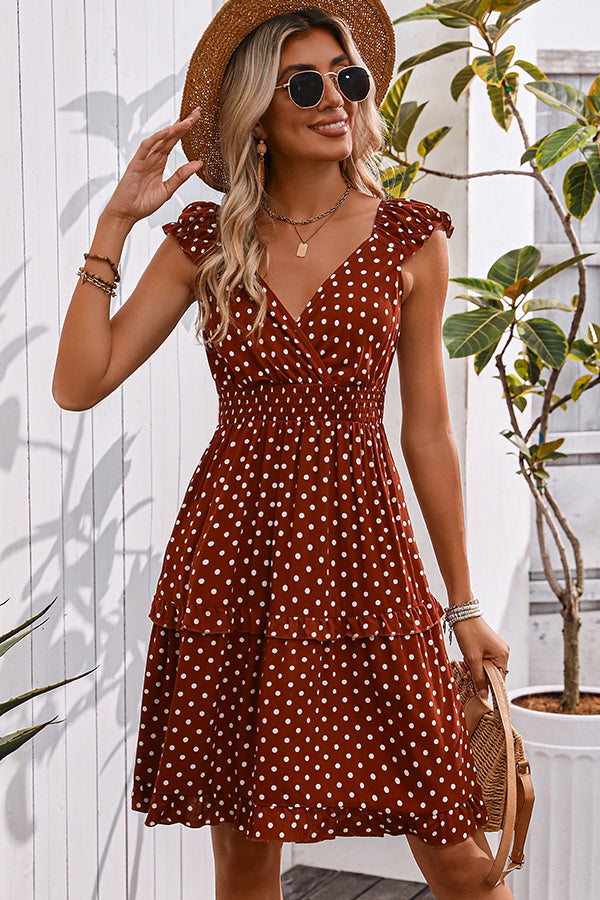 Fashion Smocked Waist Dots Print Mini Dress