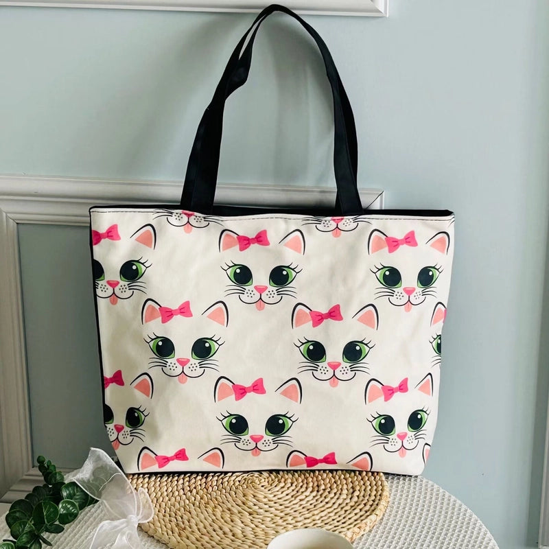 Women's Large Canvas Animal Cat Butterfly Basic Classic Style Square Zipper Canvas Bag