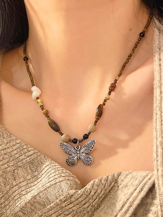 Casual Natural Stone Beaded Butterfly Pendant Necklace Vintage Women's Accessories