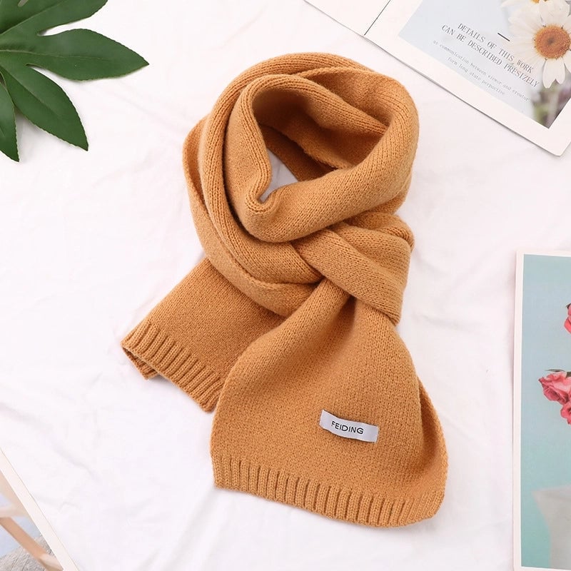 Warm Solid Color Scarf Women's Autumn And Winter Solid Color Patch Fashionable Student's New Knitted Small Scarf