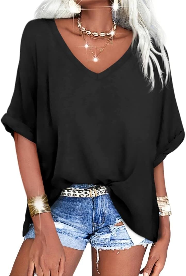 🔥PROMOTION LAST DAY🔥Women's Summer Tops Oversized Tshirts Half Sleeve Loose Fit V Neck Casual Blouse Tee