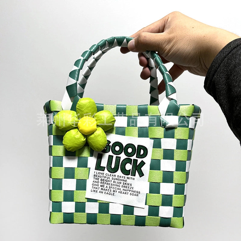 Women's PVC Color Block Plaid Vacation Weave Square Open Square Bag