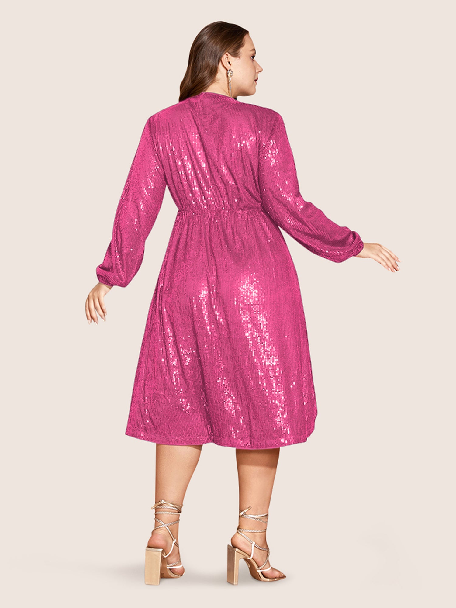 Solid Pocket Lantern Sleeve Wrap Sequin Dress