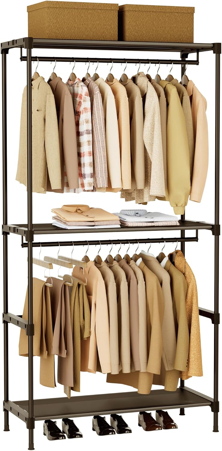 Clothes Rack, Portable Closet, 54.3 Inch Large Capacity Wardrobe Closet, Clothes Storage Organizer with Shelves and 3 Hanging Rods, Easy to Assembly, Black PCT022B01