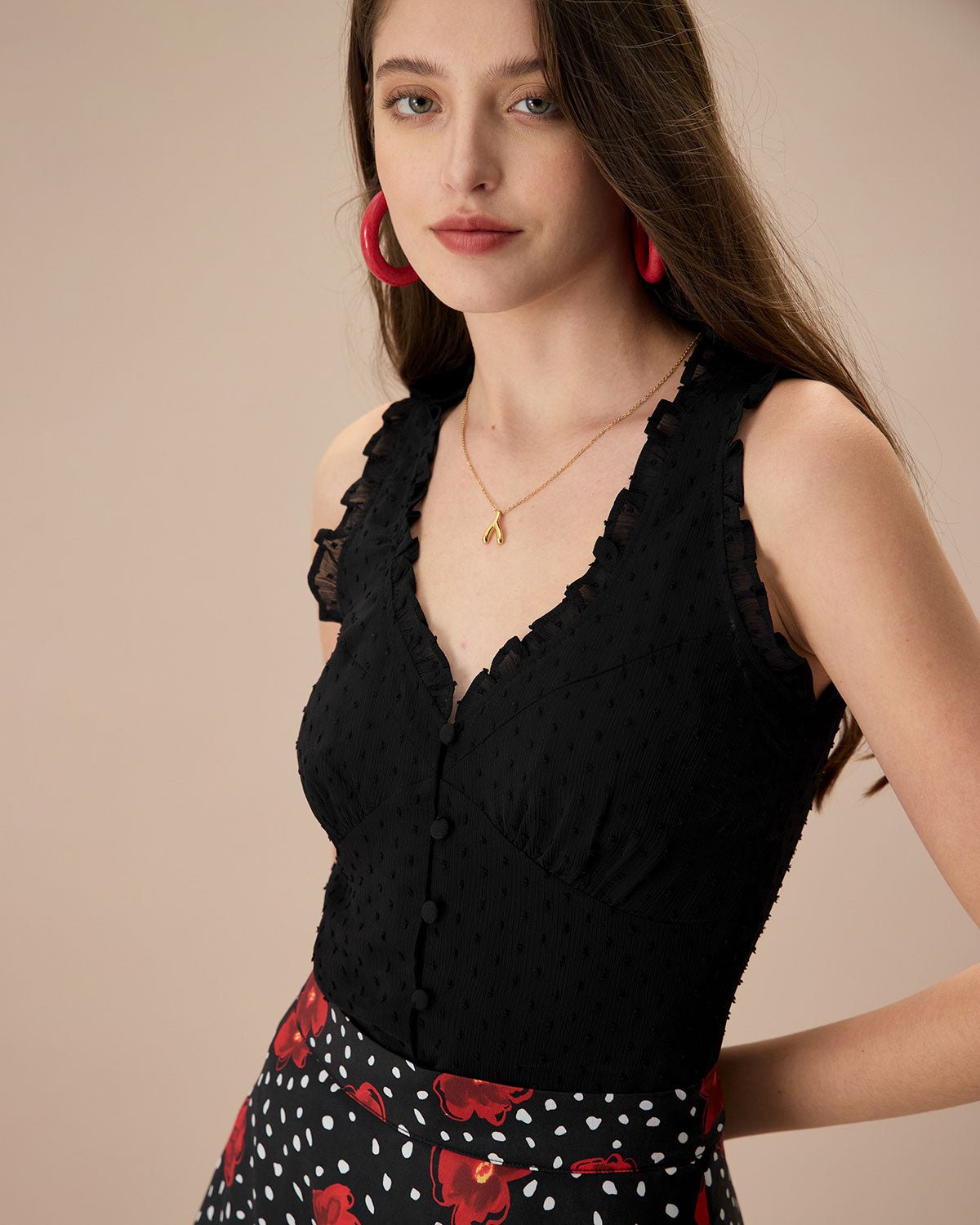 The Black V-Neck Frill Trim Tank Top