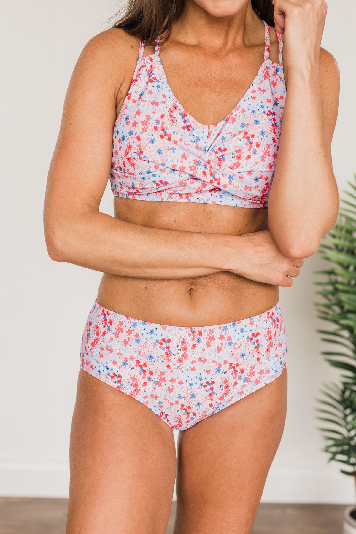 Bask In The Sun Mid-Rise Swim Bottoms- Red & Blue Floral