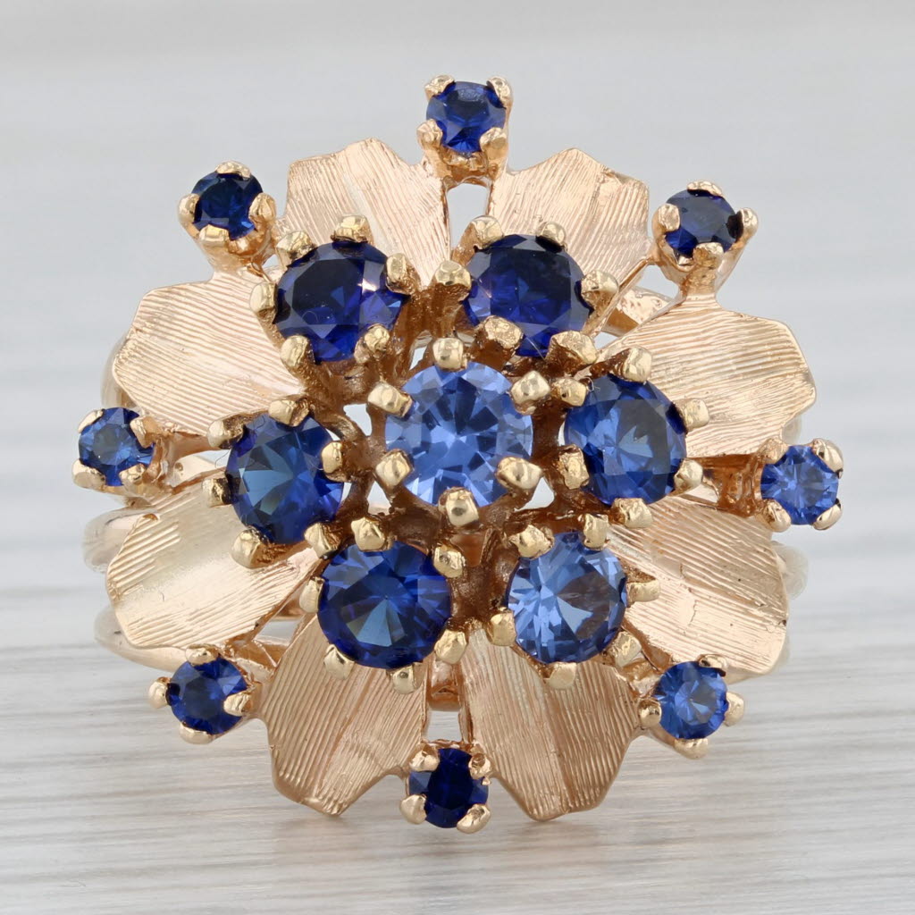 Lab Created Blue Sapphire Flower Cluster Ring 14k Yellow Gold Cocktail Size 7.5