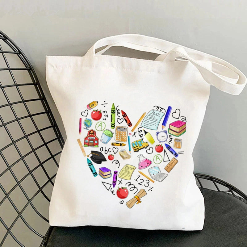 Hot Selling Kawaii Heart-shaped Printed Tote Bag For Teachers And Students One-shoulder Large Capacity White Cotton Bag