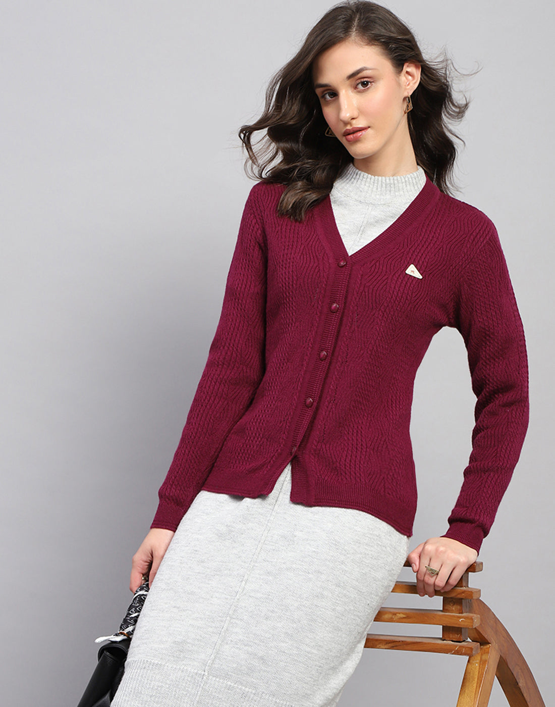 Women Maroon Self Design V Neck Full Sleeve Cardigan