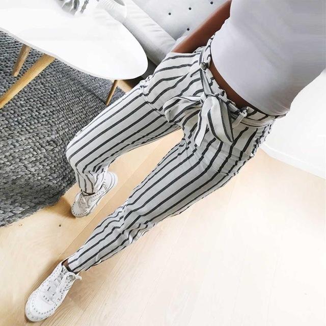 Striped Mid Waist Trousers With Belt