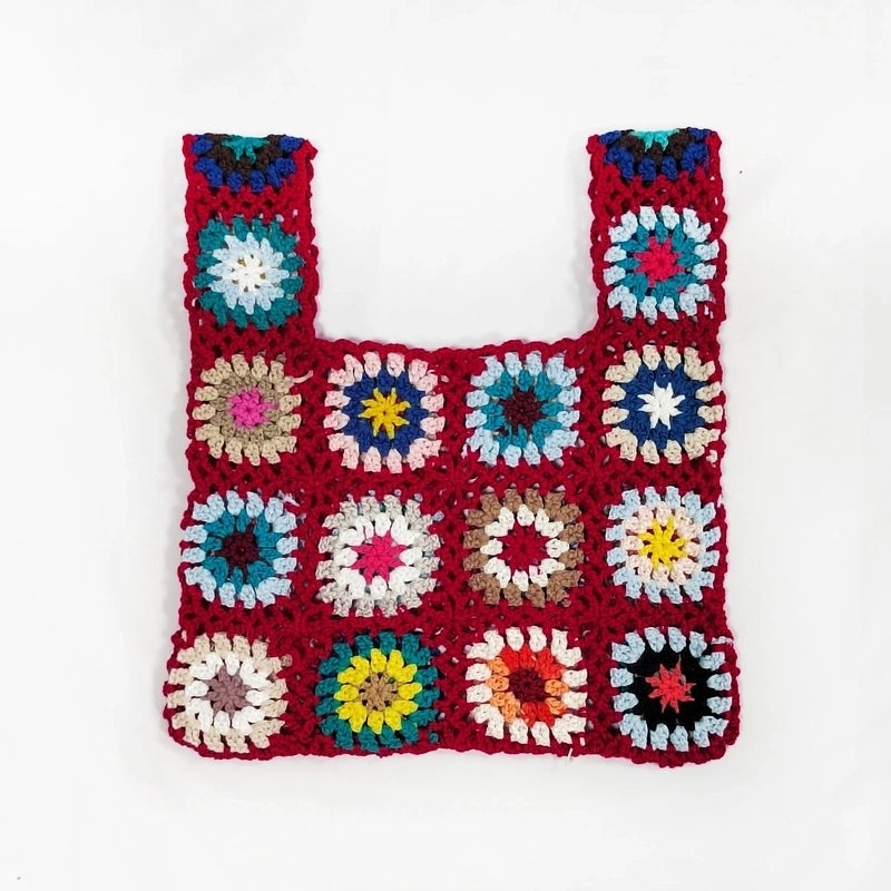 Simple Color Plaid Splicing Flower Tote Bag 33*29cm