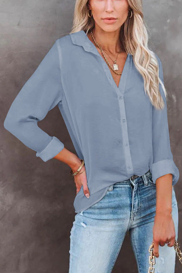 Casual Loose Long Sleeve Button V Neck Shirt Top