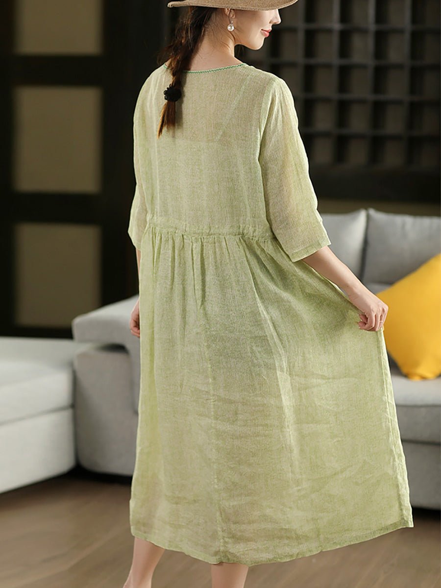 Women Summer Pure Color O-Neck 100%Ramie Dress