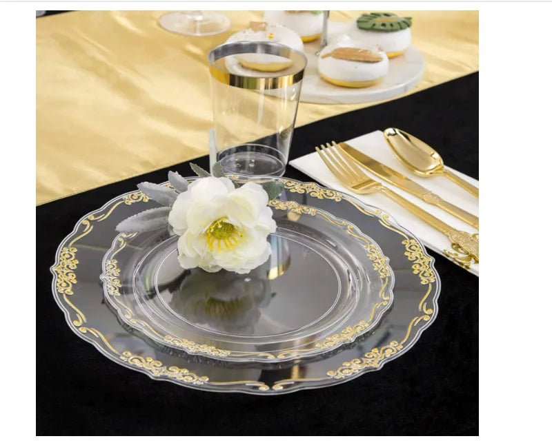 7.5-Inch 10.25-Inch Disposable Transparent Golden Edge Plate Plastic Relief Plate Golden Lace Plate Party Tableware