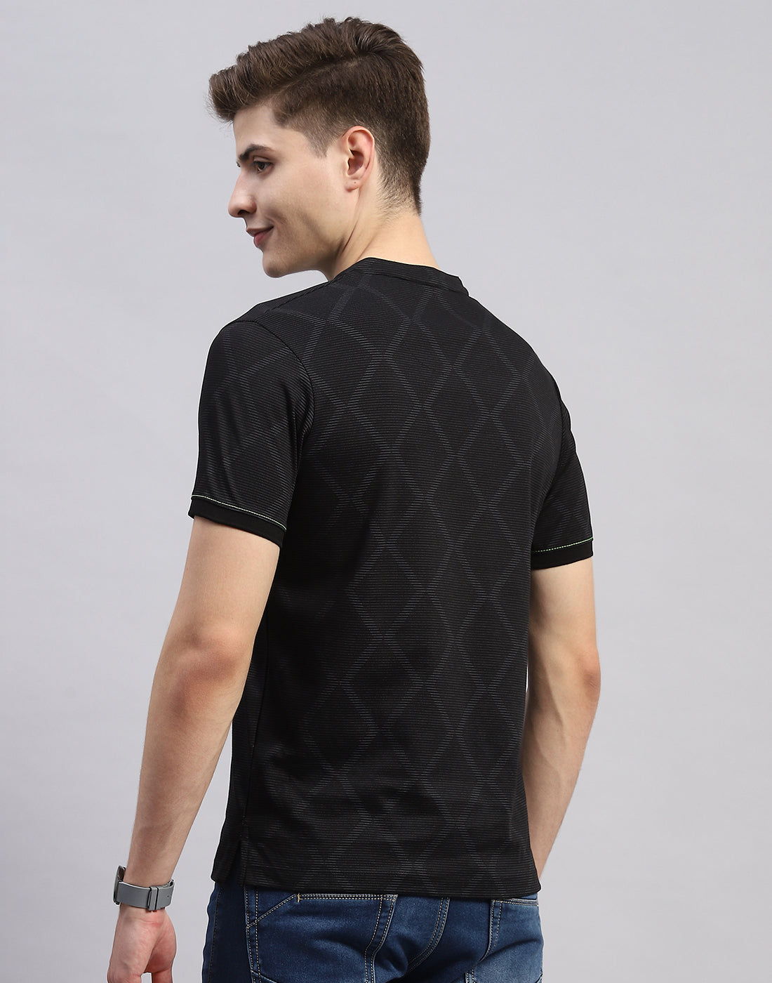 Men Black Printed Mandarin Neck Half Sleeve T-Shirt