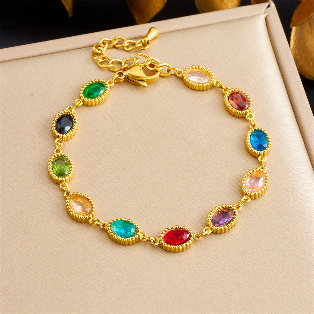 Fashionable Micro-Inlaid Geometric Colored Gemstone Chain Bracelet Oval Drop Square Ladies Stainless Steel Jewelry
