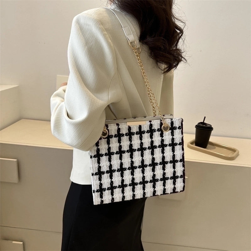 Women's Medium All Seasons Canvas Plaid Elegant Square Zipper Shoulder Bag Square Bag