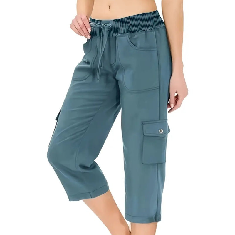 🌿Women's Solid Color High-Waist Drawstring 3/4-Length Cargo Pants