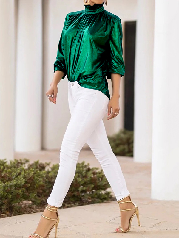 Loose Three-Quarter Sleeves Shiny Solid Color High-Neck Blouses&Shirts Tops