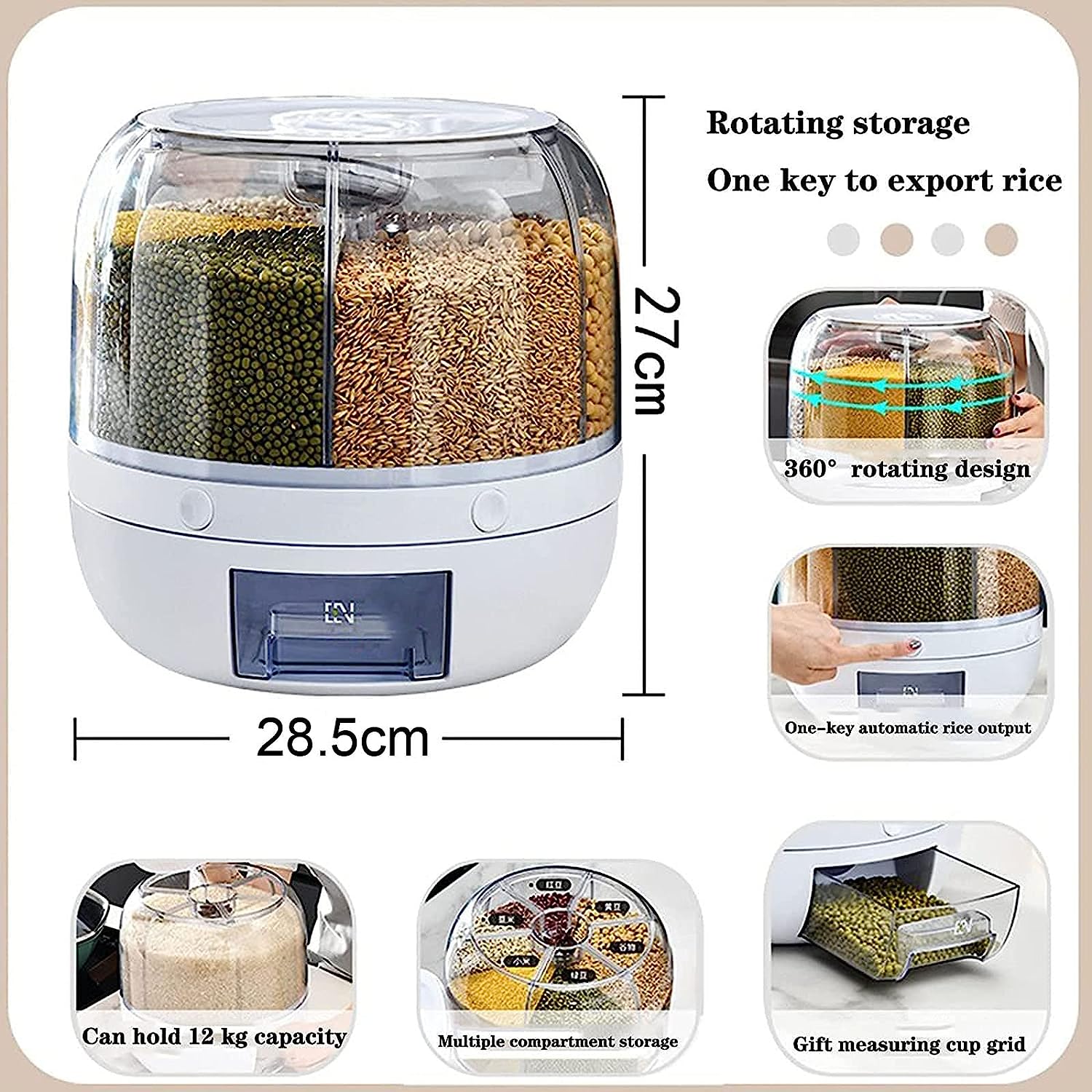 Cereal Rice Bucket Dispenser 6 Grid 360° Rotating Waterproof And Moisture-Proof Rice Storage Box For Kitchen. White