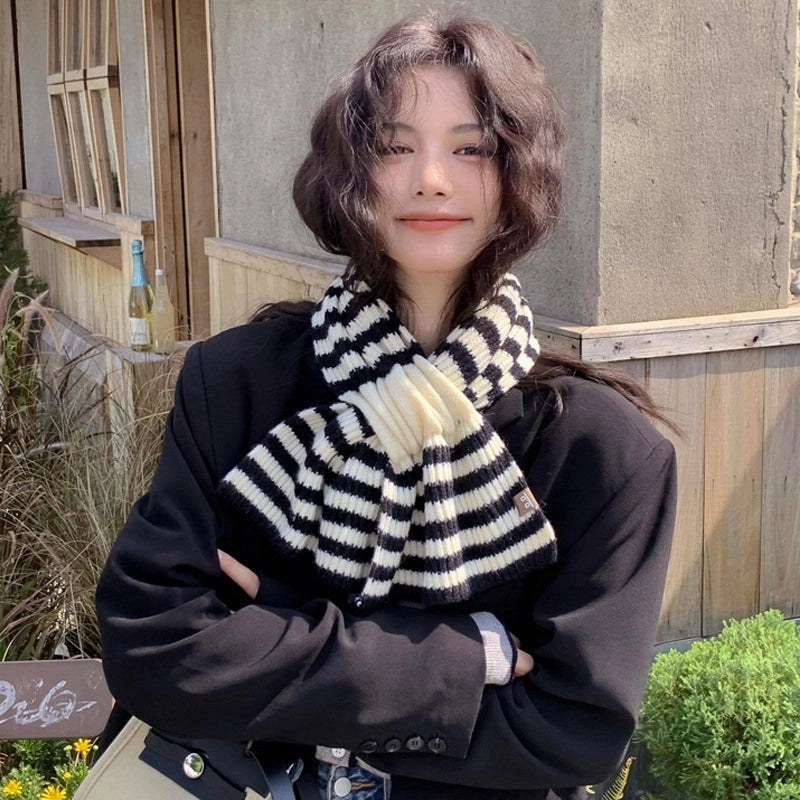 Wool Scarf Knitted Striped Cross Women's Autumn And Winter  Decorative Thickened Wool Blended Warm Scarf